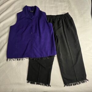 Vintage Park Avenue‎ Womens Large Purple Sleeveless Beaded Fringe Top Pants Set